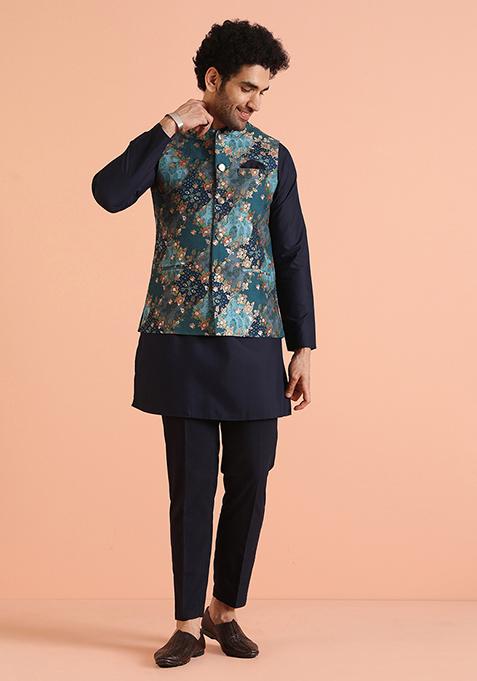 Silver Embroidered Cotton Kurta Set For Men