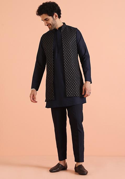 Black Embroidered Art Silk Kurta Set For Men