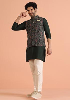Black Embroidered Art Silk Kurta Set For Men