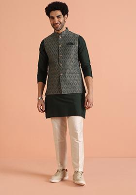 Navy Blue Embroidered Art Silk Kurta Set For Men