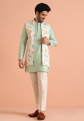 Navy Blue Embroidered Art Silk Kurta Set For Men