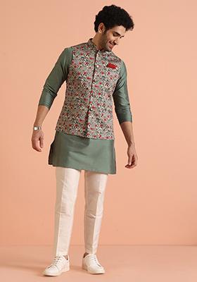 Black Embroidered Art Silk Kurta Set For Men