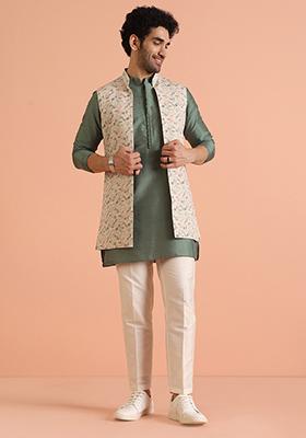 Navy Blue Embroidered Art Silk Kurta Set For Men