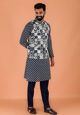 Gold Embroidered Art Silk Kurta Set For Men