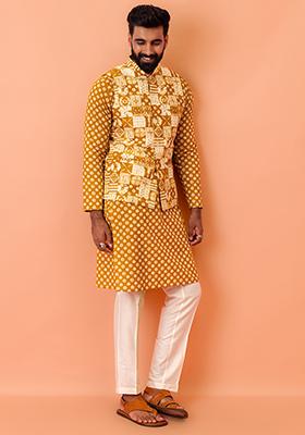 Pista Green Embroidered Poly Blend Kurta Set For Men