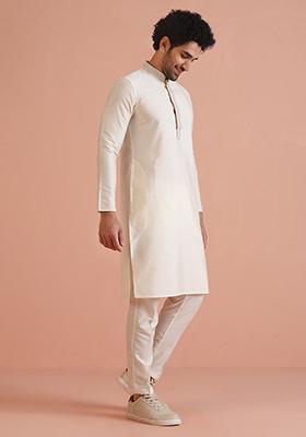 Rani Pink Embroidered Art Silk Kurta Set For Men