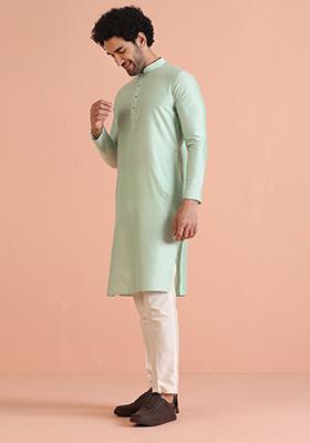 Sky Blue Embroidered Art Silk Kurta Set For Men