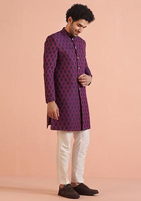 Powder Pink Embroidered Art Silk Kurta Set For Men