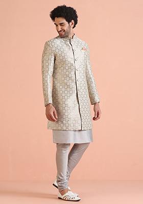 Black Embroidered Art Silk Nehru Jacket Set For Men