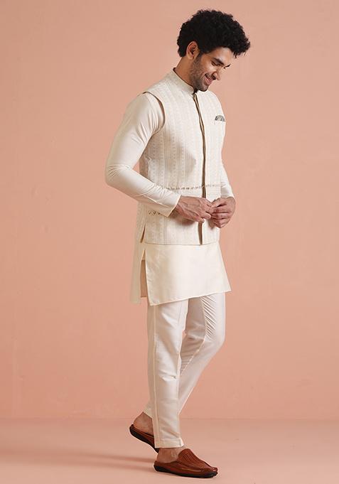 Purple Embroidered Art Silk Kurta Set For Men