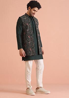 Sky Blue Embroidered Art Silk Kurta Set For Men
