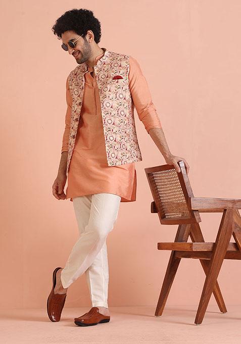 Red Embroidered Art Silk Kurta Set For Men