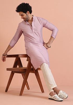 Lemon Green Embroidered Art Silk Kurta Set For Men