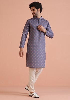 Yellow Embroidered Art Silk Kurta Set For Men