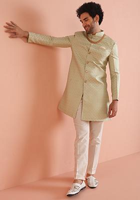 Yellow Embroidered Art Silk Kurta Set For Men