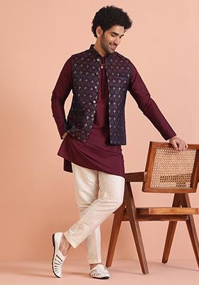 Beige Embroidered Art Silk Kurta Set For Men