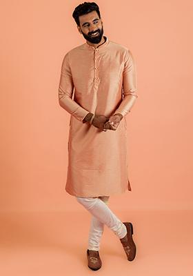 Navy Blue Embroidered Art Silk Kurta Set For Men