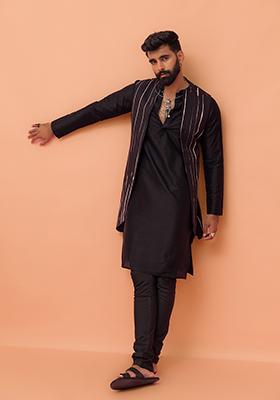 Black Embroidered Art Silk Nehru Jacket Set For Men