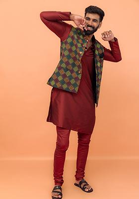 Black Embroidered Art Silk Nehru Jacket Set For Men