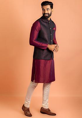 Black Embroidered Art Silk Nehru Jacket Set For Men