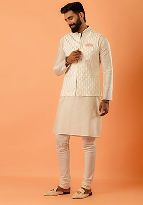 White Jacquard Silk Blend Nehru Jacket Set For Men