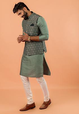Green Jacquard Silk Blend Nehru Jacket Set For Men