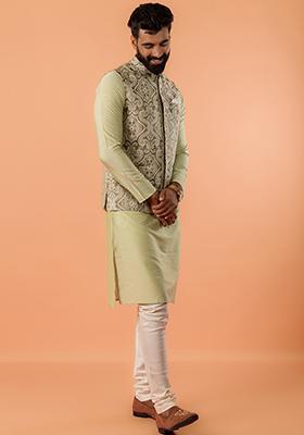 Green Jacquard Silk Blend Nehru Jacket Set For Men