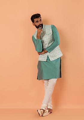 Green Embroidered Satin Nehru Jacket Set For Men