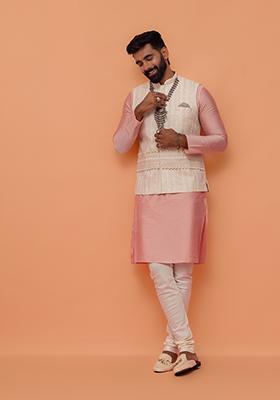 Beige Printed Cotton Nehru Jacket Set For Men