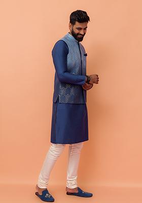 Blue Embroidered Cotton Nehru Jacket Set For Men