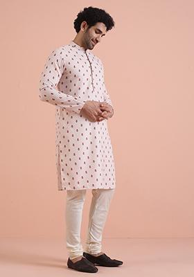 White Printed Cotton Kurta For Men