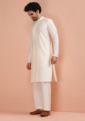 Off White Printed Cotton Kurta For Men