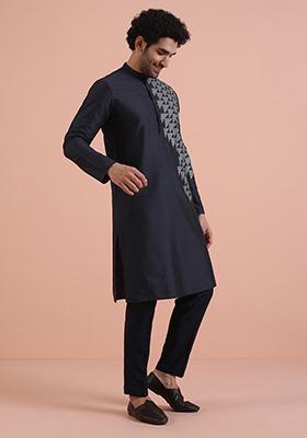 Navy Blue Printed Cotton Kurta For Men