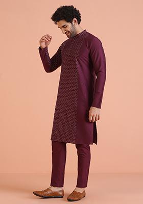 Wine Printed Cotton Kurta For Men