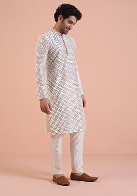 Off White Printed Cotton Kurta For Men