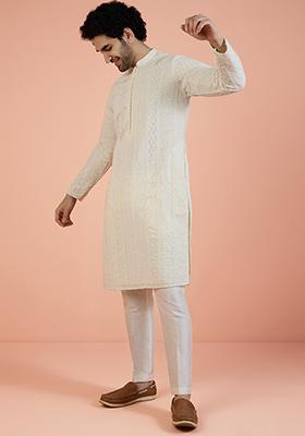Off White Embroidered Georgette Kurta For Men