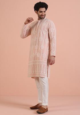 Pink Embroidered Georgette Kurta For Men