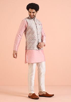 Multi Colour Jacquard Silk Blend Nehru Jacket For Men