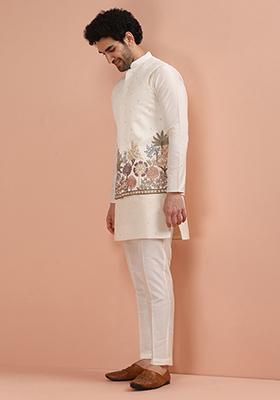 Off White Embroidered Cotton Nehru Jacket For Men