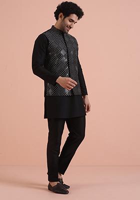 Black Embroidered Silk Blend Nehru Jacket For Men