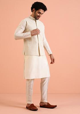 Off White Embroidered Georgette Nehru Jacket For Men