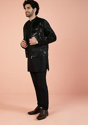 Black Abstract Print Velvet Indo Western Jacket For Men