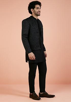 Beige Woven Design Silk Blend Indo Western Jacket For Men