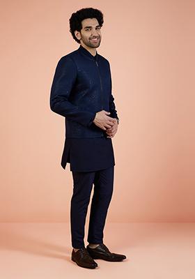 Navy Blue Woven Design Silk Blend Indo Western Jacket For Men