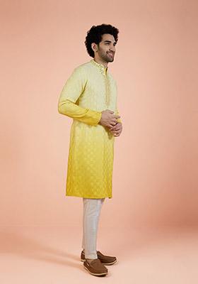 Yellow Embellished Cotton Kurta For Men