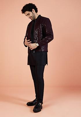Wine Embellished Rayon Indo Western Jacket For Men