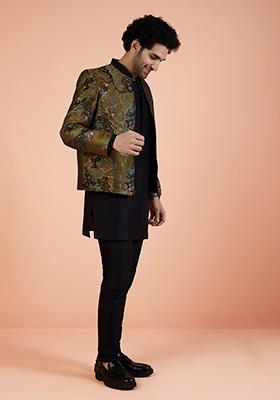 Green Abstract Print Silk Blend Indo Western Jacket For Men