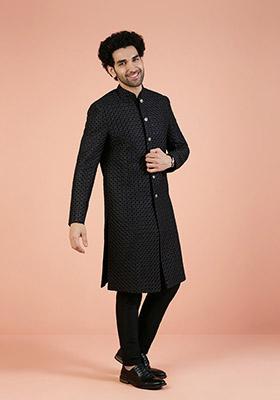 Black Embroidered Cotton Indo Western Sherwani Set For Men