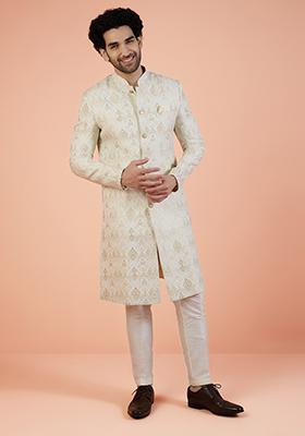Off White Woven Design Silk Blend Indo Western Sherwani Set For Men