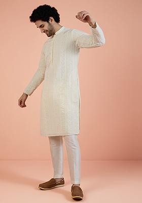 Off White Embroidered Georgette Kurta Set For Men